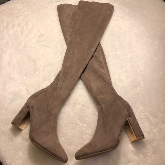 BAMBOO Shoes - Bamboo Taupe w/Gold Trim Over The Knee Boots
